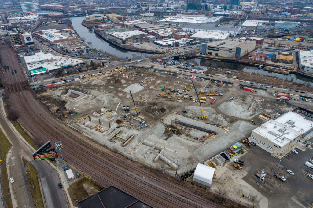 Drone View of Construction Progress for Chicago's First Multi-Story Warehouse at 1237 W. Division Street Drone View of Construction Progress for Chicago's First Multi-Story Warehouse at 1237 W. Division Street