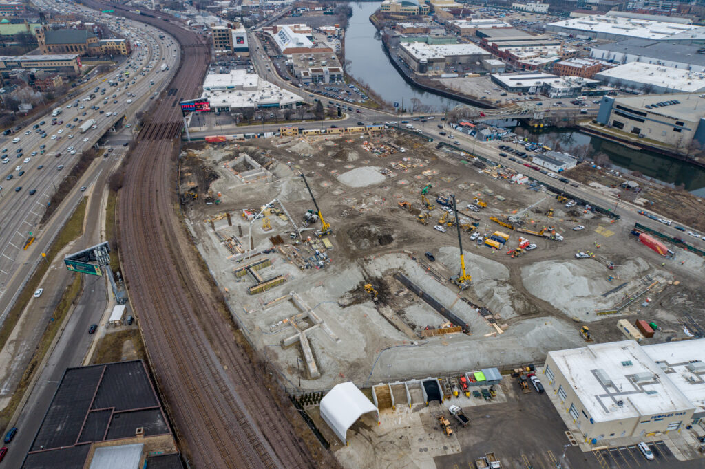 Drone View of Construction Progress for Chicago's First Multi-Story Warehouse at 1237 W. Division Street Drone View of Construction Progress for Chicago's First Multi-Story Warehouse at 1237 W. Division Street