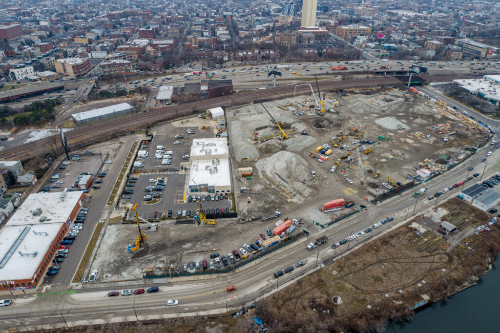 Drone View of Construction Progress for Chicago's First Multi-Story Warehouse at 1237 W. Division Street Drone View of Construction Progress for Chicago's First Multi-Story Warehouse at 1237 W. Division Street