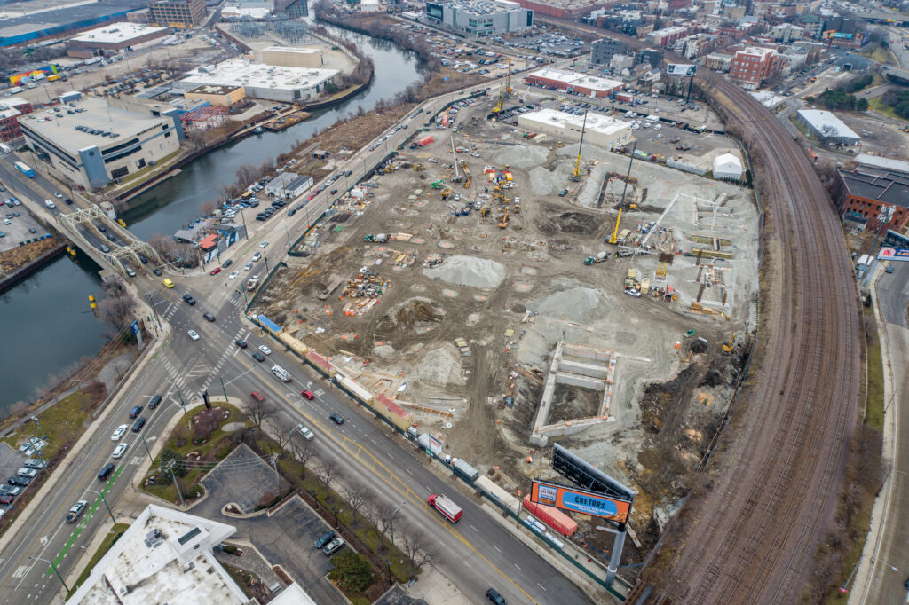 Drone View of Construction Progress for Chicago's First Multi-Story Warehouse at 1237 W. Division Street Drone View of Construction Progress for Chicago's First Multi-Story Warehouse at 1237 W. Division Street