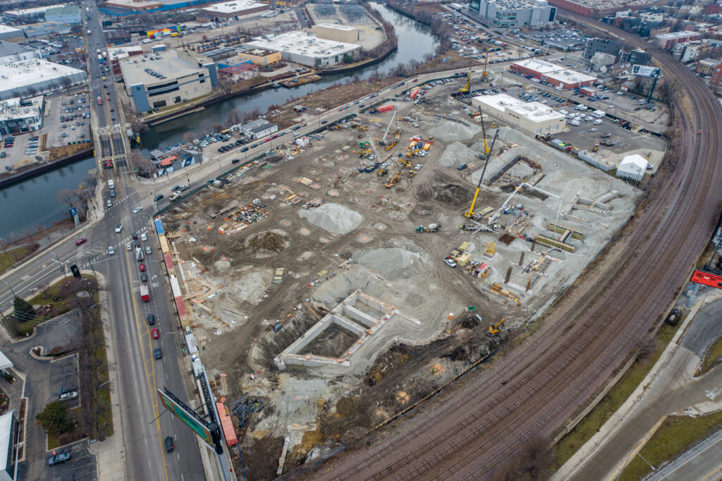 Drone View of Construction Progress for Chicago's First Multi-Story Warehouse at 1237 W. Division Street Drone View of Construction Progress for Chicago's First Multi-Story Warehouse at 1237 W. Division Street