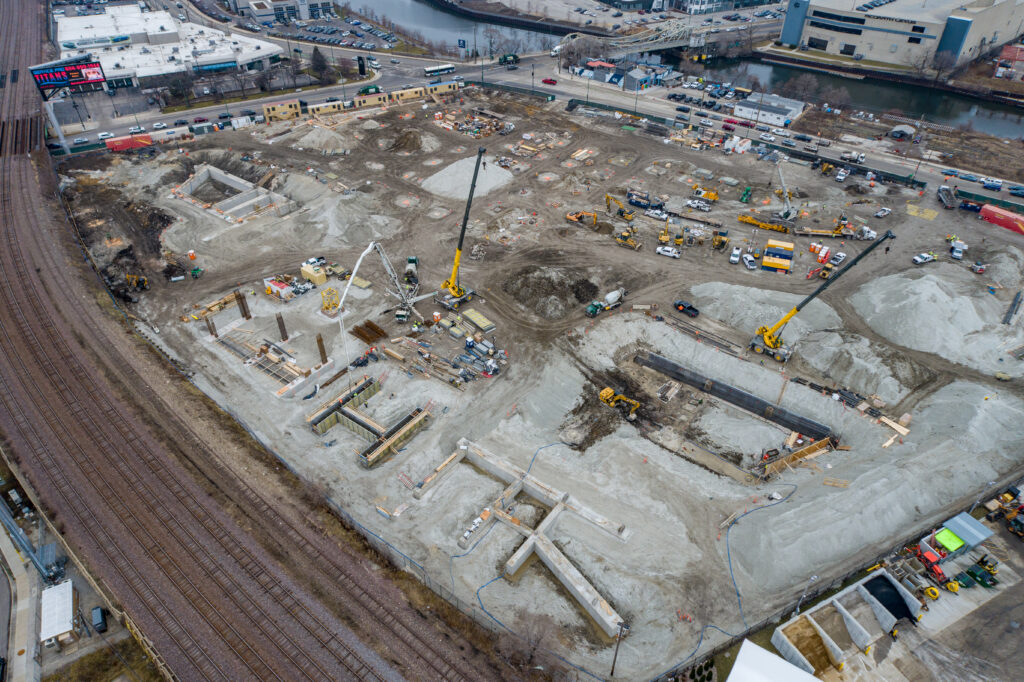 Drone View of Construction Progress for Chicago's First Multi-Story Warehouse at 1237 W. Division Street Drone View of Construction Progress for Chicago's First Multi-Story Warehouse at 1237 W. Division Street