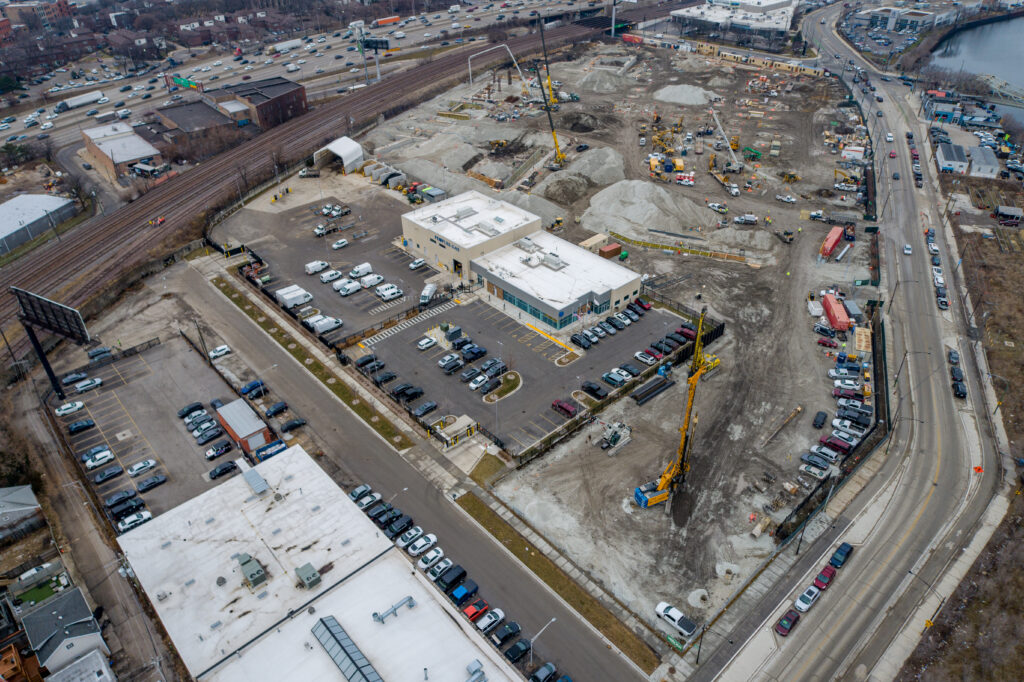 Drone View of Construction Progress for Chicago's First Multi-Story Warehouse at 1237 W. Division Street Drone View of Construction Progress for Chicago's First Multi-Story Warehouse at 1237 W. Division Street