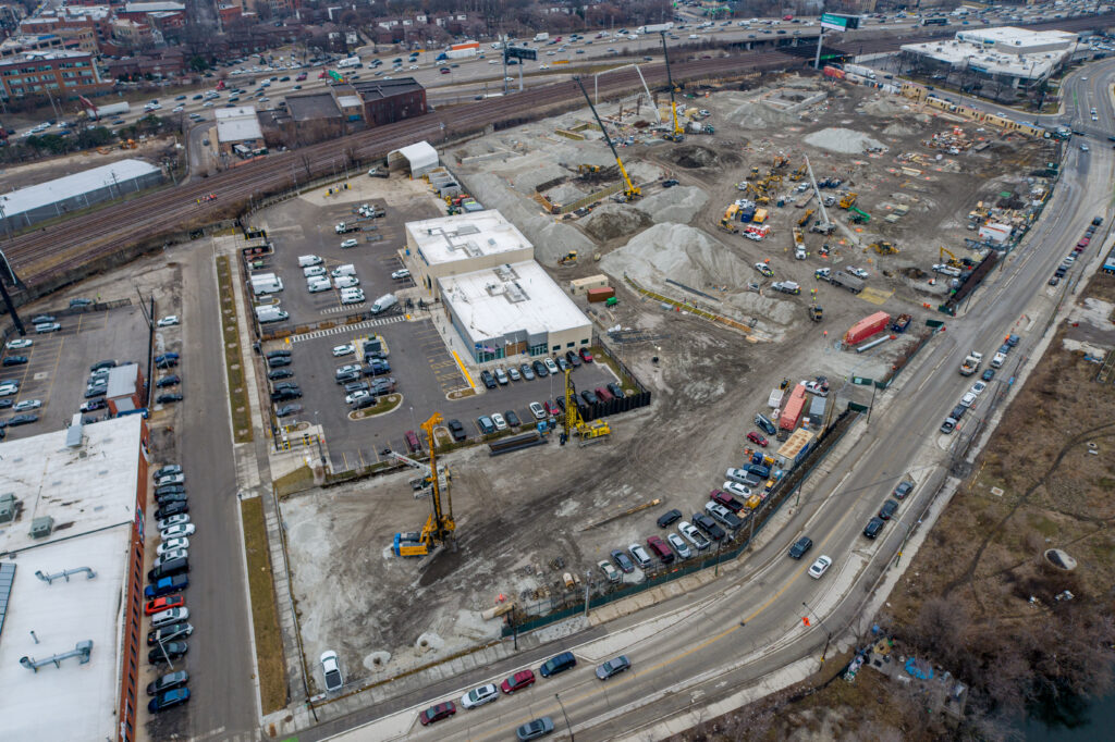 Drone View of Construction Progress for Chicago's First Multi-Story Warehouse at 1237 W. Division Street Drone View of Construction Progress for Chicago's First Multi-Story Warehouse at 1237 W. Division Street
